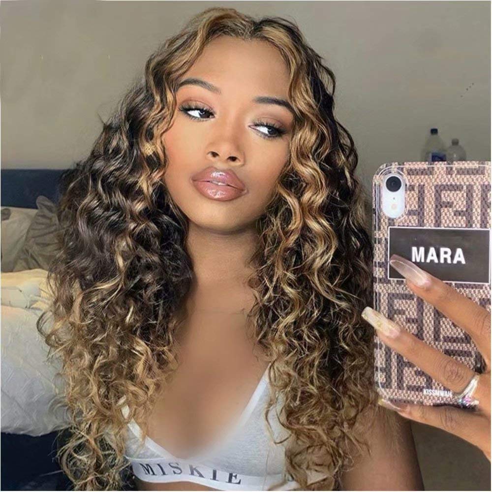 180% Density Ombre Blonde 1B/27 Color Curly Human Hair Wig for Black Women - Deep Wave HD Lace Front Wig with Highlight - 13x4 Lace Frontal Pre-Plucked Bleached Knots 18 Inch - Perfect for Daily Wear, Parties & Special Occasions