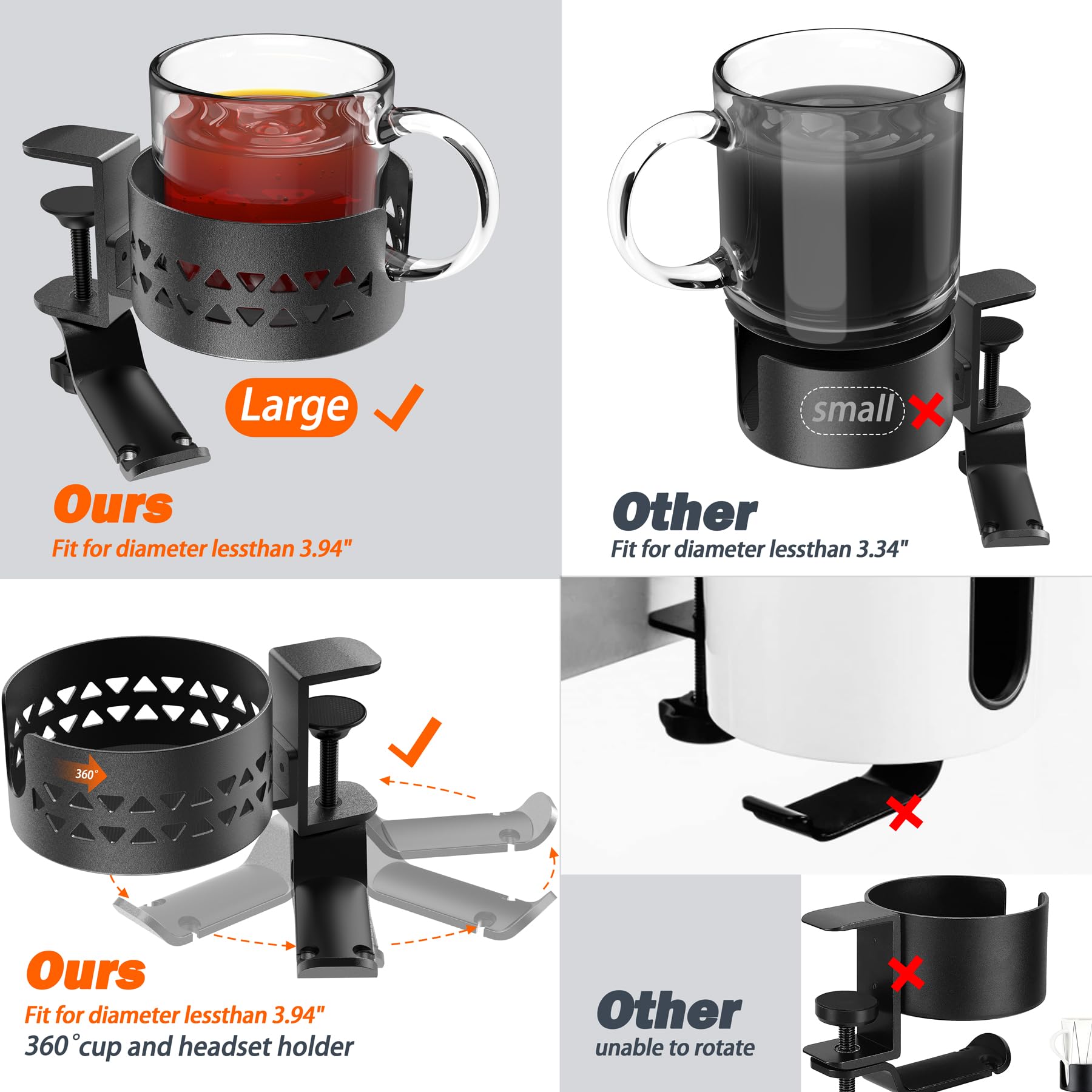 360° Rotating Under Desk Cup Holder & Headphone Hanger - Metal Clamp-on PC Gaming Desk Accessory for Coffee Mugs, Water Bottles & Headsets - Anti-Spill Design for Office, Home & Gaming Setup