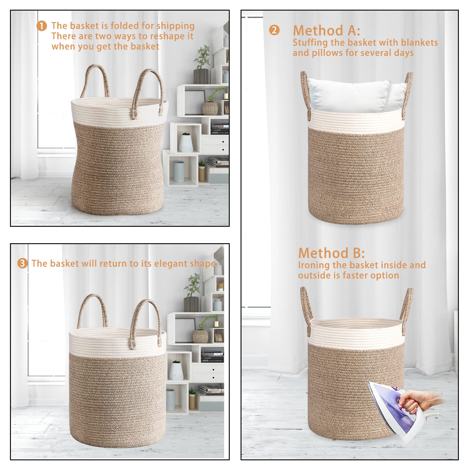 Tesmien Foldable Woven Laundry Basket & Toy Storage Organizer - Large Cotton Rope Hamper with Handles for Nursery, Baby Room Decor (35x40cm, Khaki+White) - Perfect for Kids' Toys, Blankets & Clothes Storage