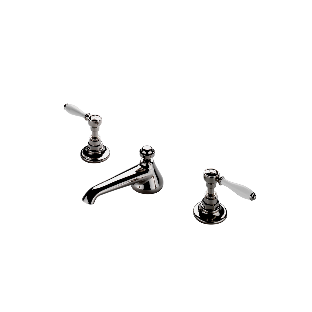 Vintage Low Profile 3-Hole Deck Mounted Bathroom Sink Faucet with White Porcelain Lever Handles in Nickel Finish - Perfect for Classic & Farmhouse Style Bathrooms