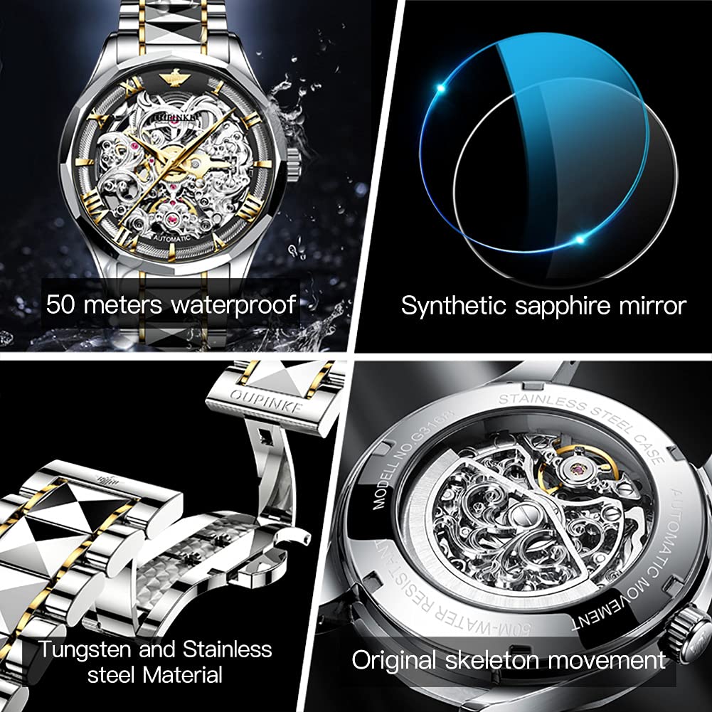 OUPINKE Men's Automatic Skeleton Watch - Self Winding Mechanical Watch with Sapphire Crystal, 50M Waterproof & Tungsten Steel Case - Stylish Hollow Design for Business, Formal & Casual Wear
