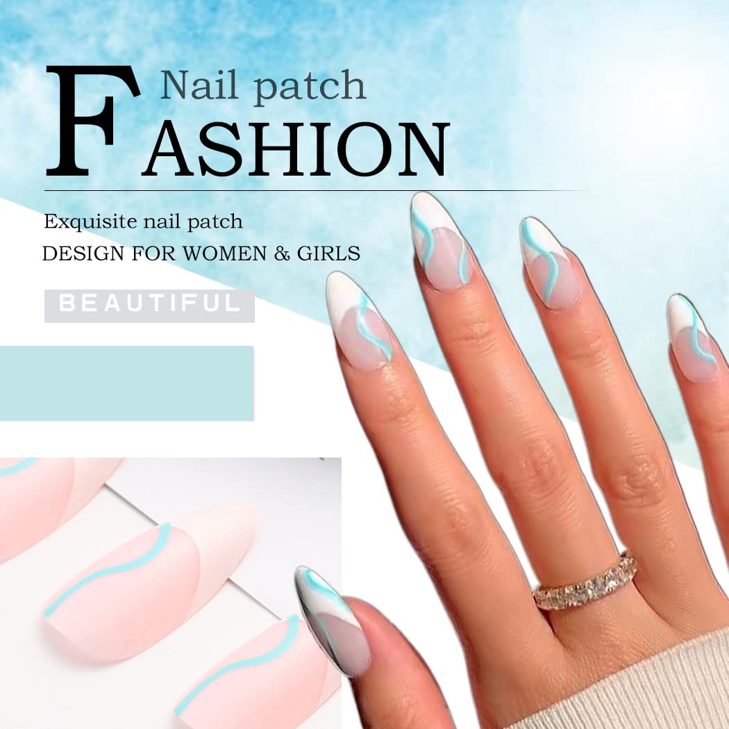 24Pcs Glossy Medium Fake Nails - Oval Blue Line Press on Nails with French Manicure Design, Full Cover Ballerina Patch Nails Tips for Women and Girls (Style E) | Perfect for Parties, Weddings, Date Nights & Special Occasions