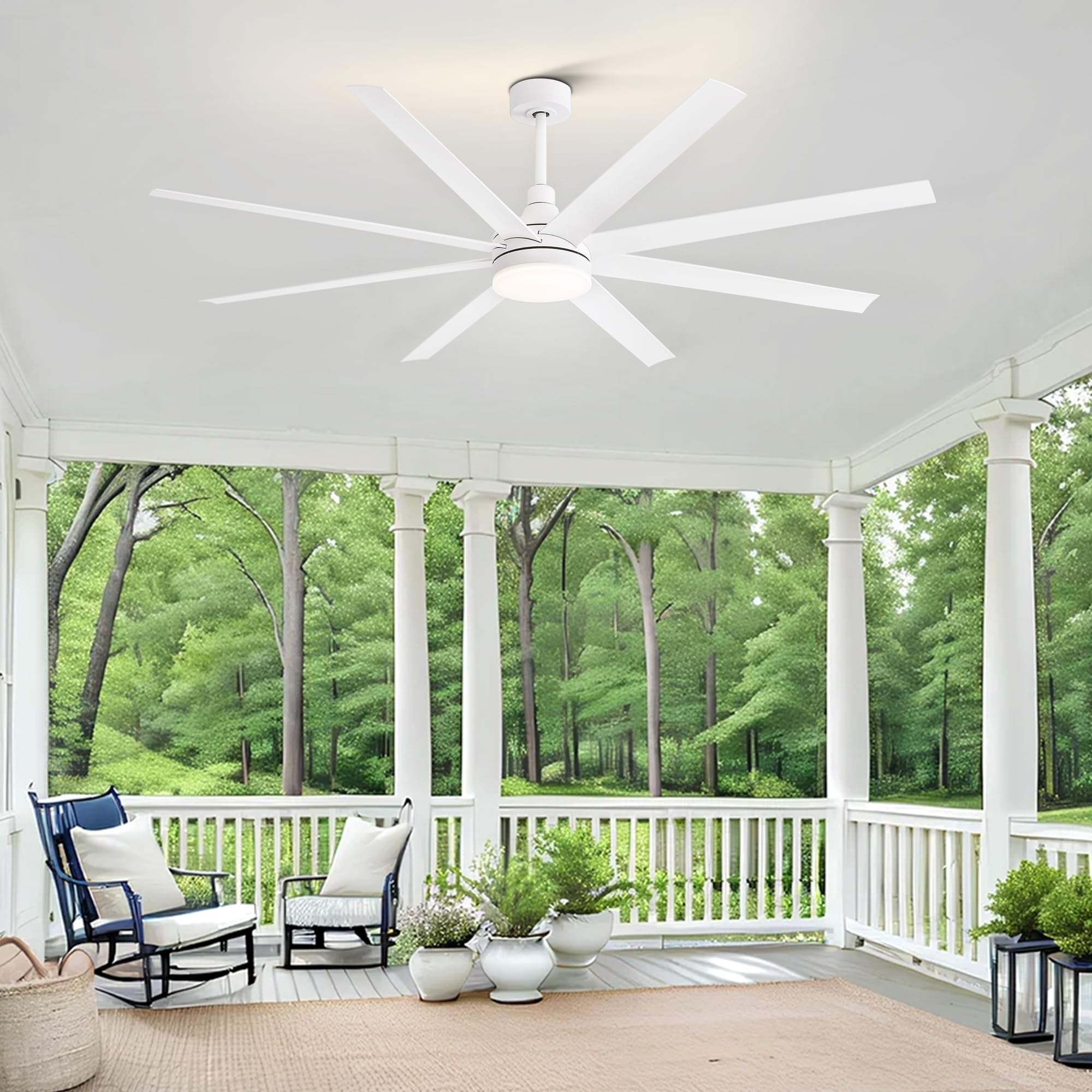 72 Inch Smart Ceiling Fan with LED Light and Remote Control - 8 Reversible Blades, Ultra Quiet DC Motor, 6 Speed Settings & Timer - Modern Industrial Style for Bedroom, Living Room, Office - Energy Efficient Cooling with Stylish Chandelier Lighting (White)