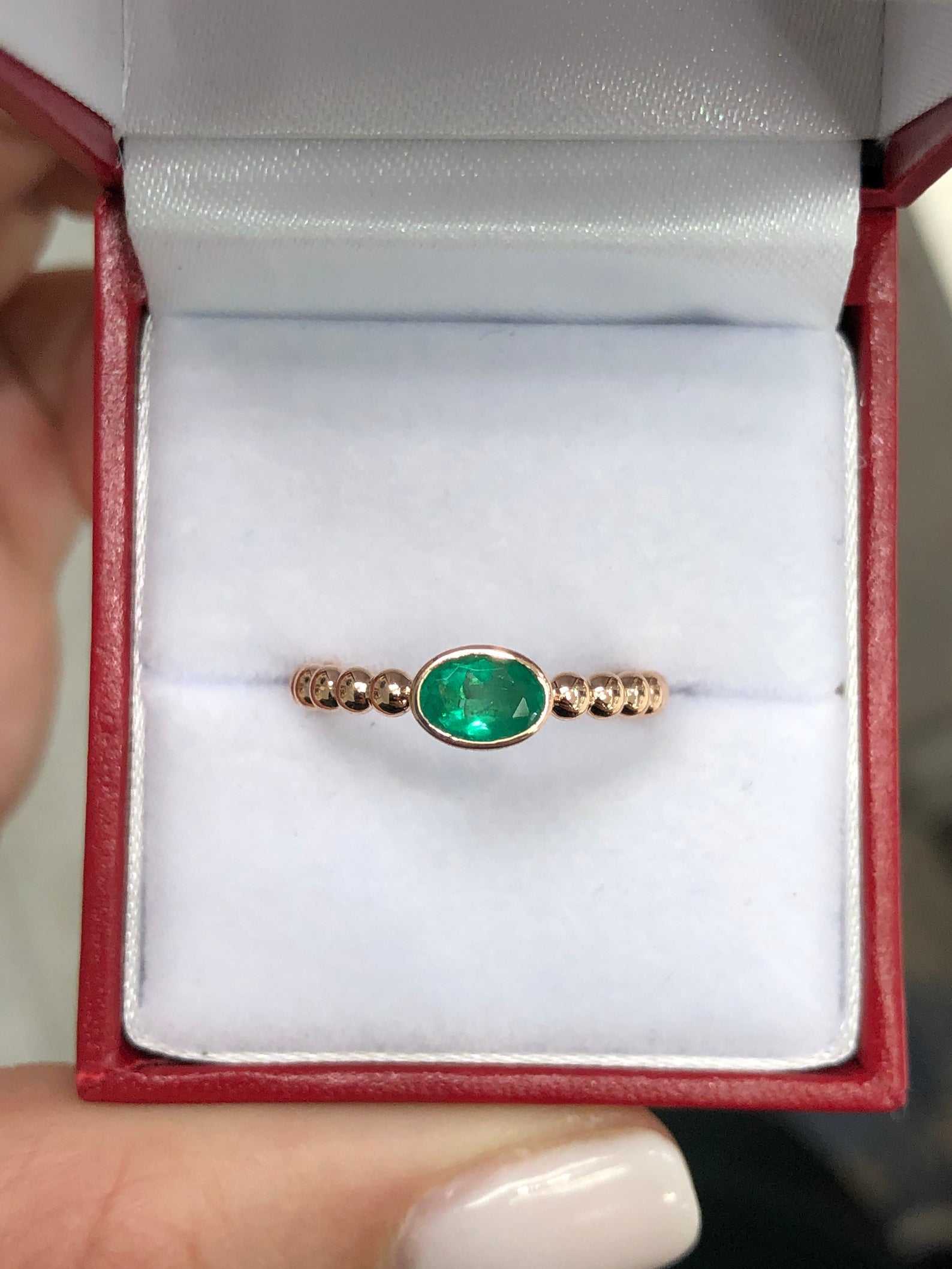 0.75 Carat Oval Emerald Solitaire Beaded Ring in 14K Gold - Elegant Bezel Setting for Engagement, Wedding & Anniversary Gifts