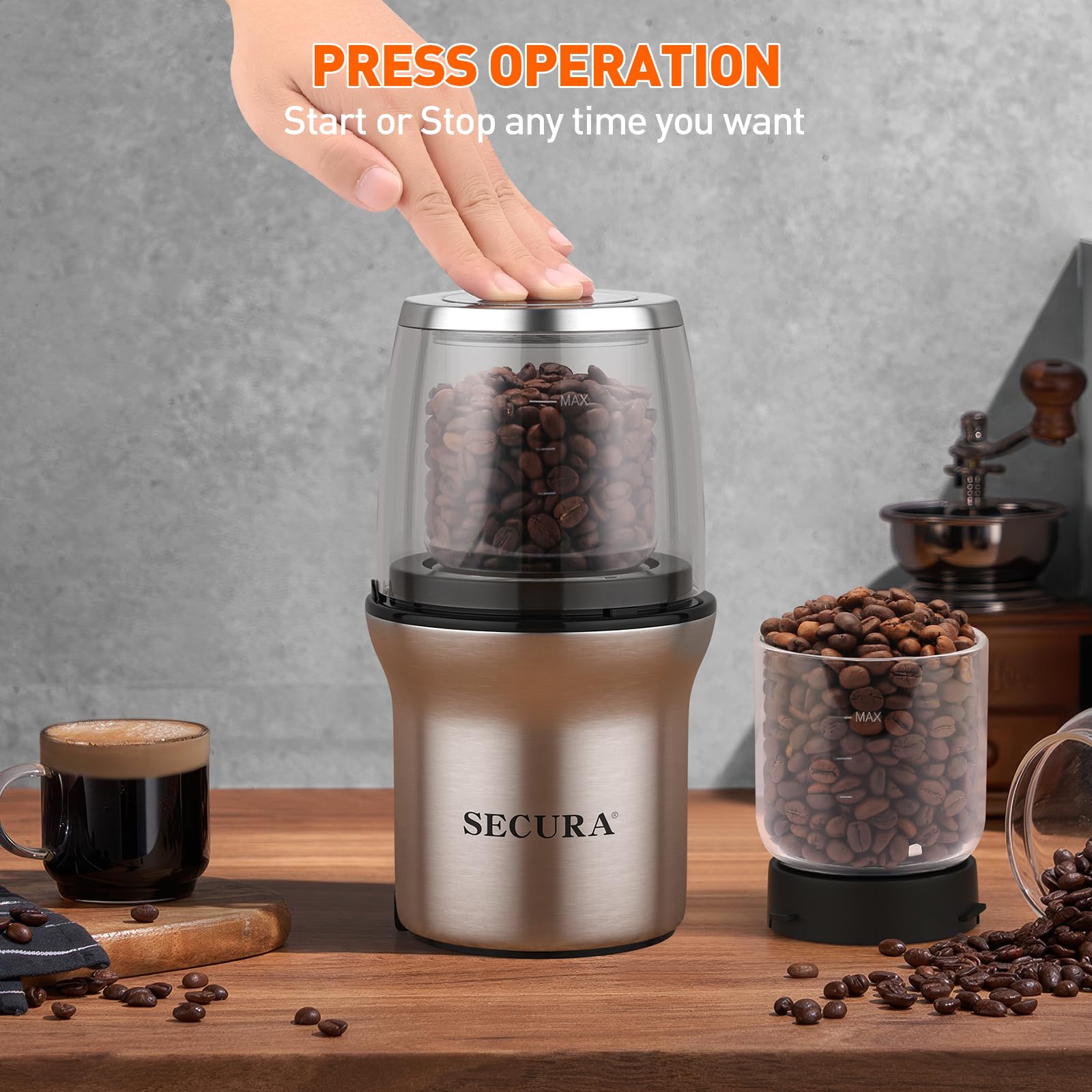 Secura Electric Coffee Grinder & Spice Grinder with Dual Glass Bowls - Perfect for Wet & Dry Grinding - Ideal for Home Kitchen, Coffee Shops & Camping Use