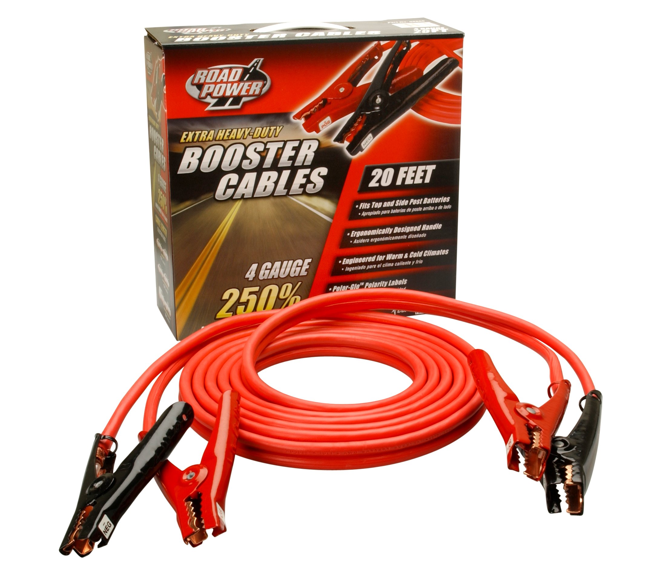 Road Power 86600104 20-Ft 4-Gauge Heavy Duty Booster Jumper Cables with Polar Glow Clamps - Emergency Car Battery Jump Starter for Trucks, SUVs & Vehicles (Great for Winter & Roadside Emergencies)