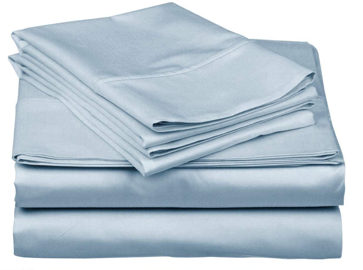 Premium 600 Thread Count Egyptian Cotton 6-Piece Queen Sheet Set with Bonus Pillowcase - Fits 15-21 Inch Deep Pocket Mattress, Light Blue Solid Color - Luxury Bedding for Master Bedroom, Guest Room & Vacation Homes