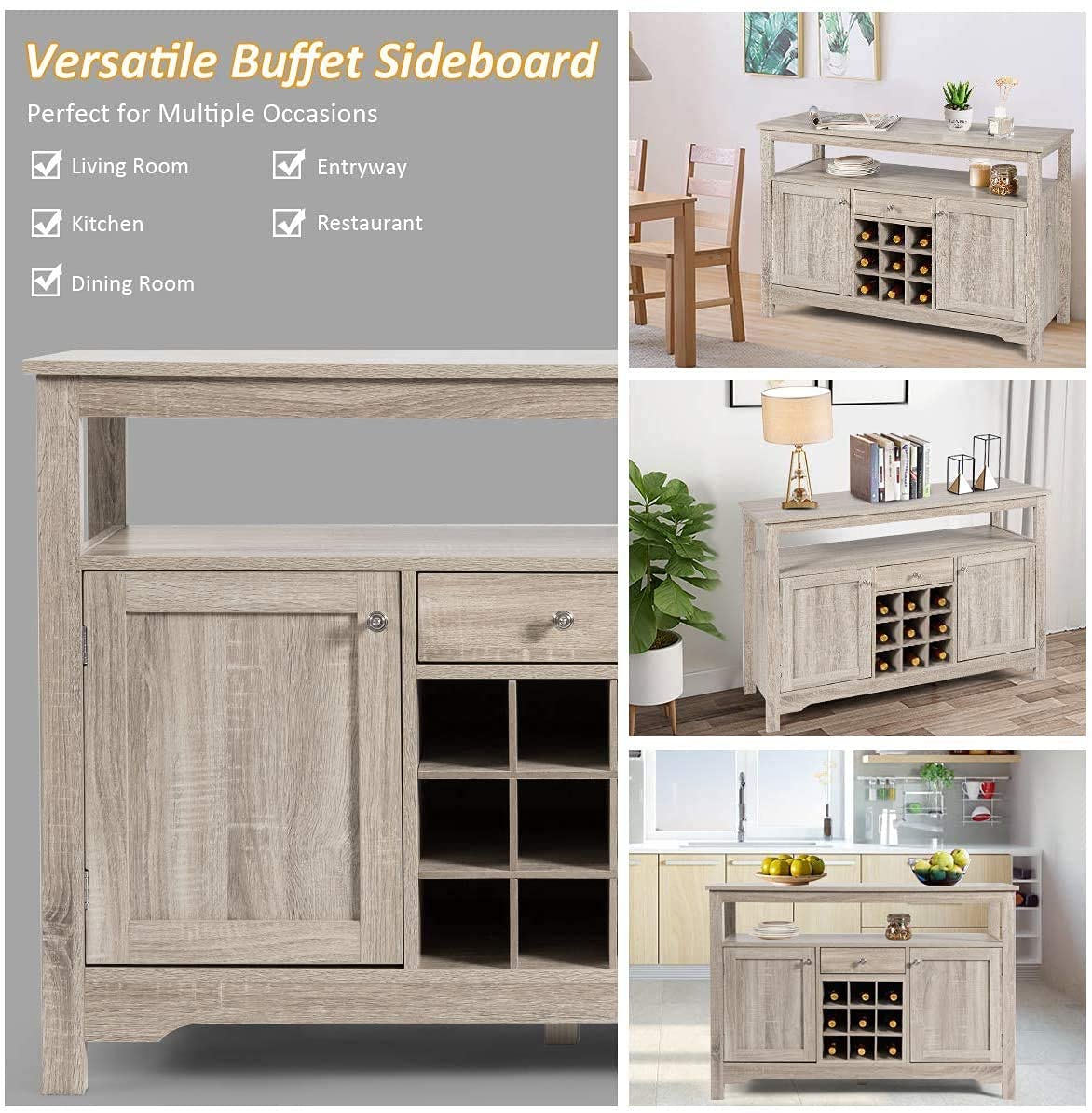 Farmhouse Buffet Sideboard with Wine Rack - Wooden Kitchen Organizer with 2 Cabinets, 1 Drawer & 9 Wine Slots - Rustic Dining Room Storage Cupboard & Server Table for Home, Restaurant & Bar Use