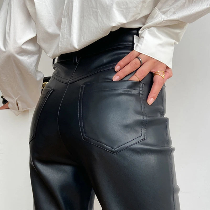 Genuine Leather Straight Leg Pants for Women - High Waist Sheepskin Trousers with Pockets | 2023 Fall Winter Fashion | Chic Casual Slim Fit Pants for Office, Dating & Everyday Wear