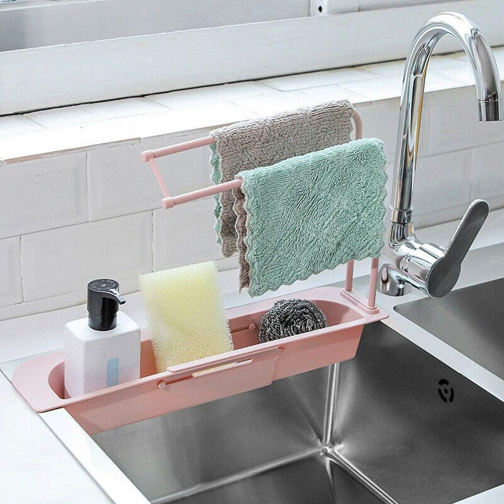 Expandable Sink Rack Holder - Telescopic Drain Basket for Kitchen & Bathroom Storage - Space Saving Organizer for Dishes, Sponges & Cleaning Supplies (Pink) - Perfect for Small Spaces & Clutter-Free Countertops