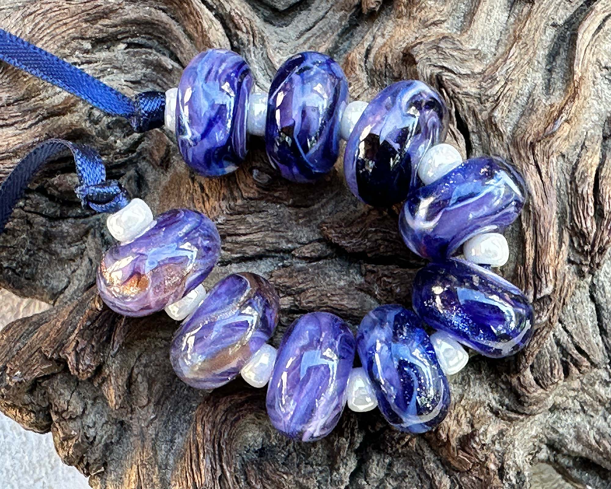 9 Blue Purple Swirl Lampwork Glass Beads Set for Jewelry Making - DIY Bracelet, Necklace & Craft Projects (SRA)