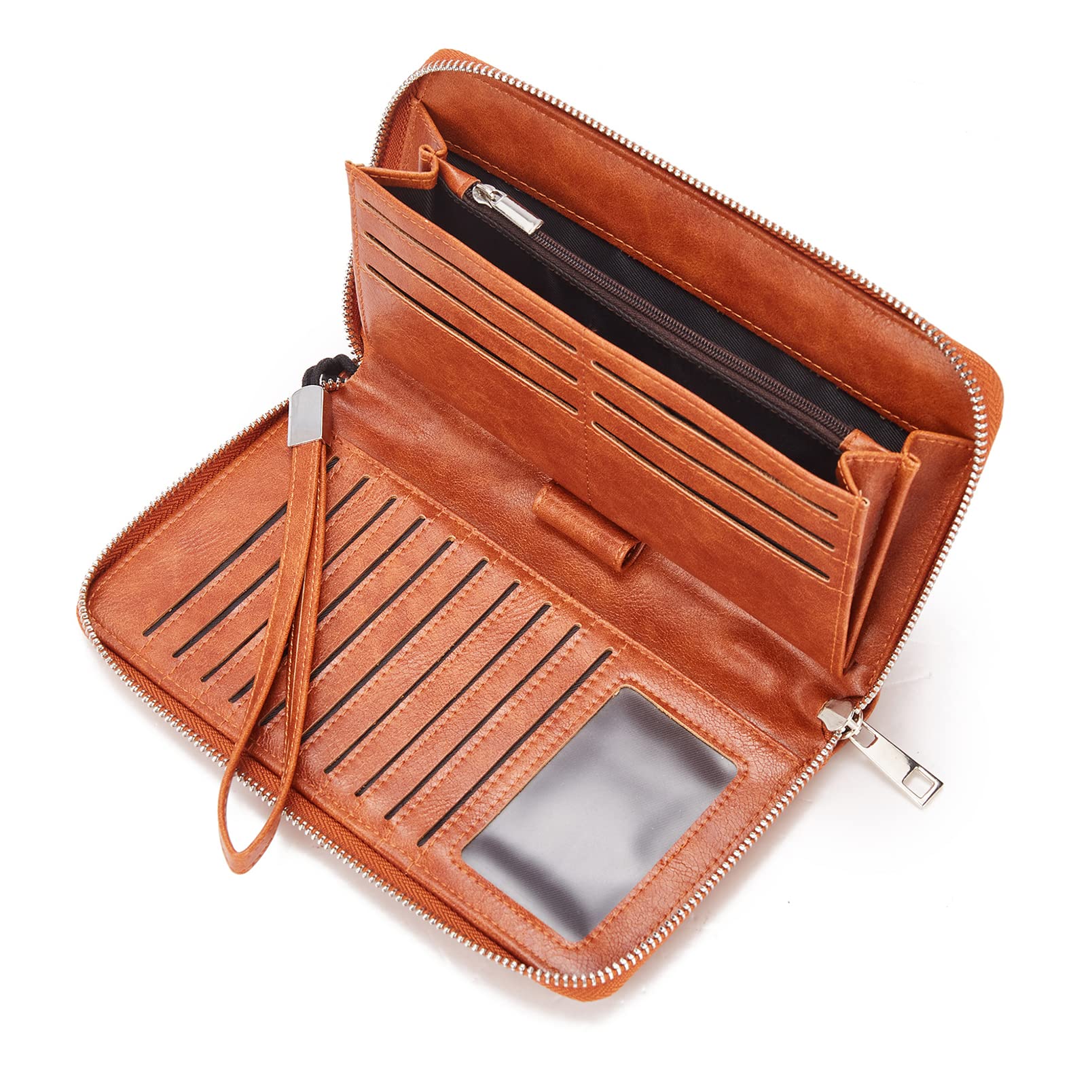 Telena Genuine Leather Wallets for Women - Slim Zip Around Wristlet Clutch Purse with Large Phone Holder (Brown) | Perfect for Everyday Use, Travel & Special Occasions