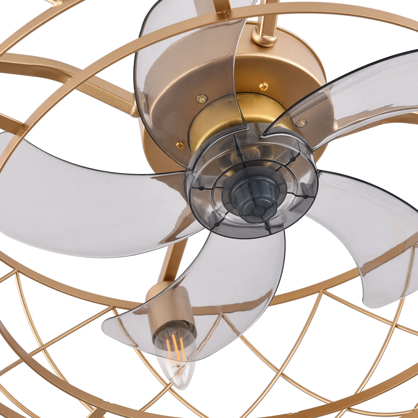 20 Inch Gold Industrial Metal Cage Ceiling Fan with Remote Control & Lights - Rustic Style for Living Room, Bedroom, and Office Spaces