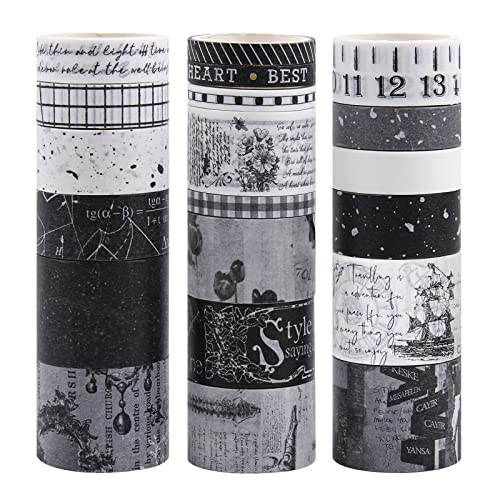 Black and White Washi Tape Set - 20 Rolls Gothic Aesthetic Japanese Decorative Tapes for Scrapbooking, Journaling, Planner, DIY Crafts - Perfect for Bullet Journals, Gift Wrapping & Home Decor