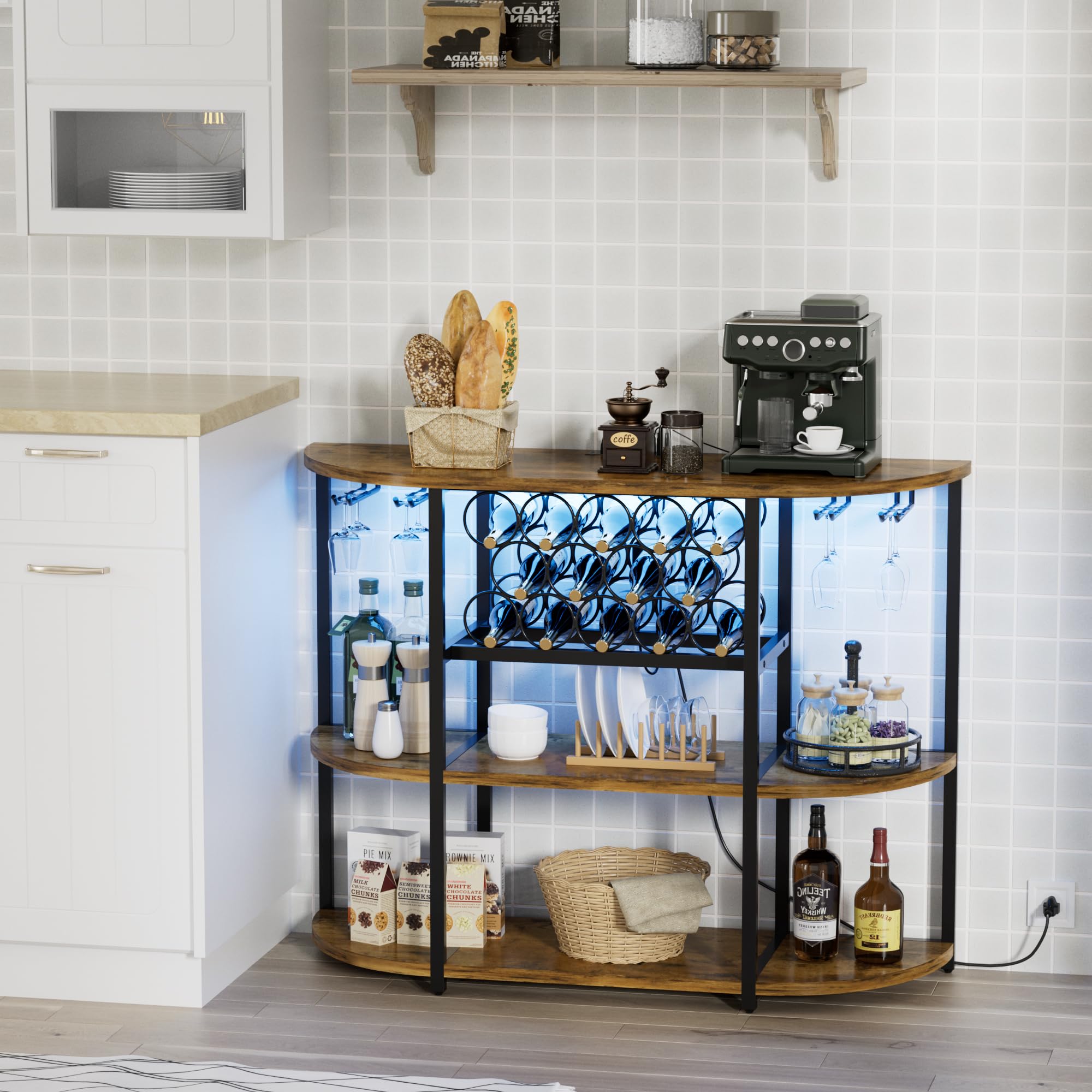 Shahoo Rustic Brown Wine Bar Cabinet with Rack - Built-in Power Outlets & LED Lights, Storage Shelves for Liquor Bottles & Glasses - Perfect for Home Kitchen, Dining Room or Entertainment Area
