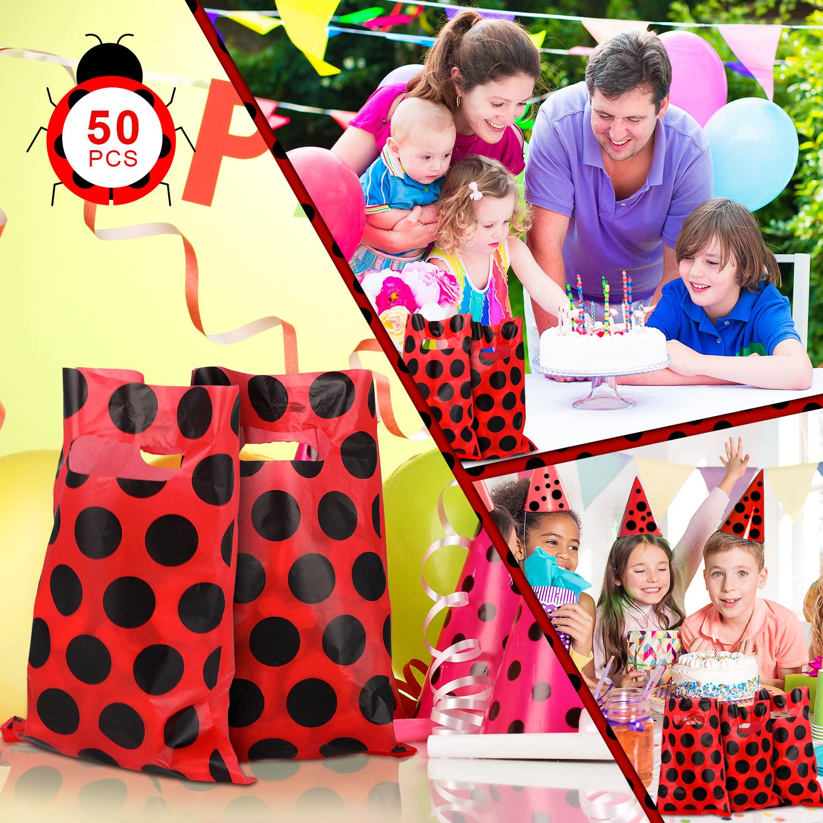 100 Pcs Ladybug Gift Bags - Watermelon Themed Red & Black Polka Dot Party Supplies for Birthdays, Weddings, Baby Showers | Perfect for Candy, Favors & Decorations | Cute Bug-Themed Celebration Accessories