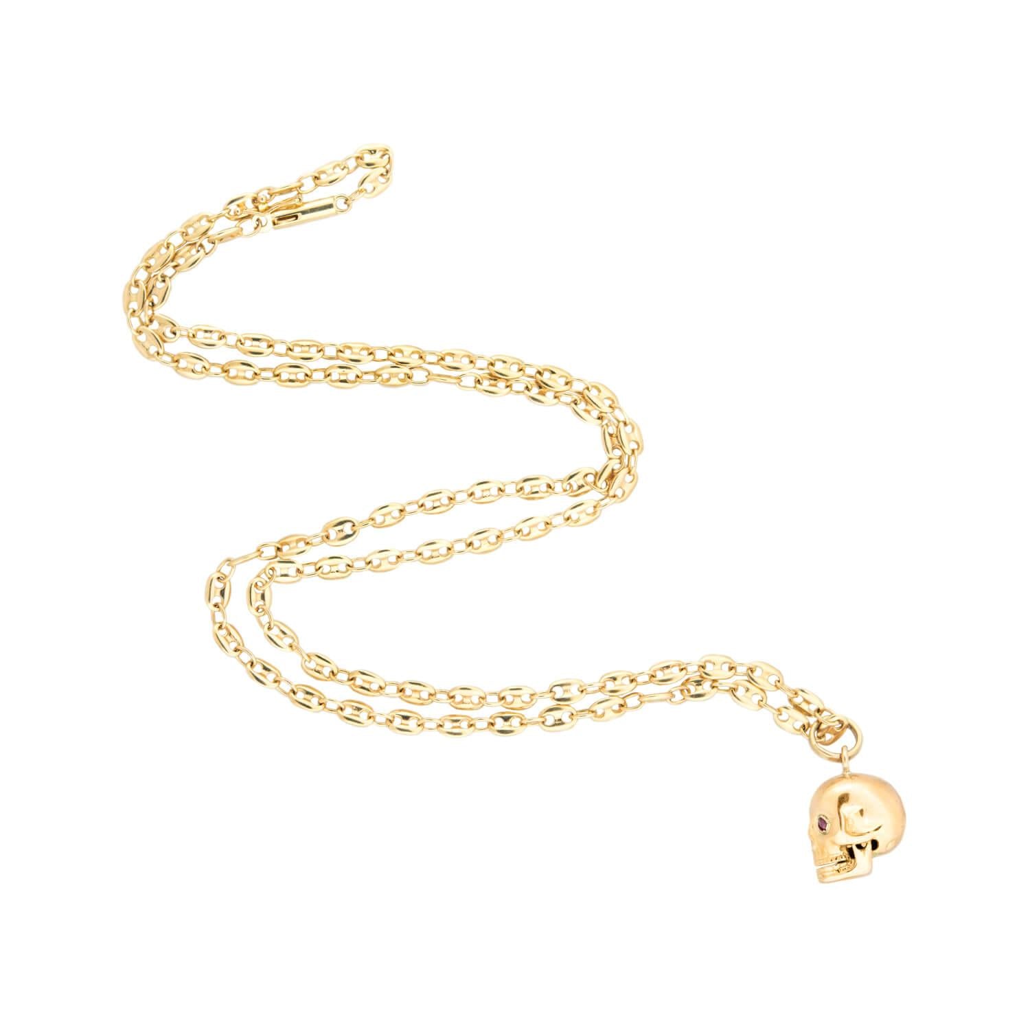 14K Gold Victorian Ruby Skull Charm Pendant with Mariner Chain - Gothic Jewelry for Women, Men - Perfect for Halloween, Punk Fashion & Unique Gifts