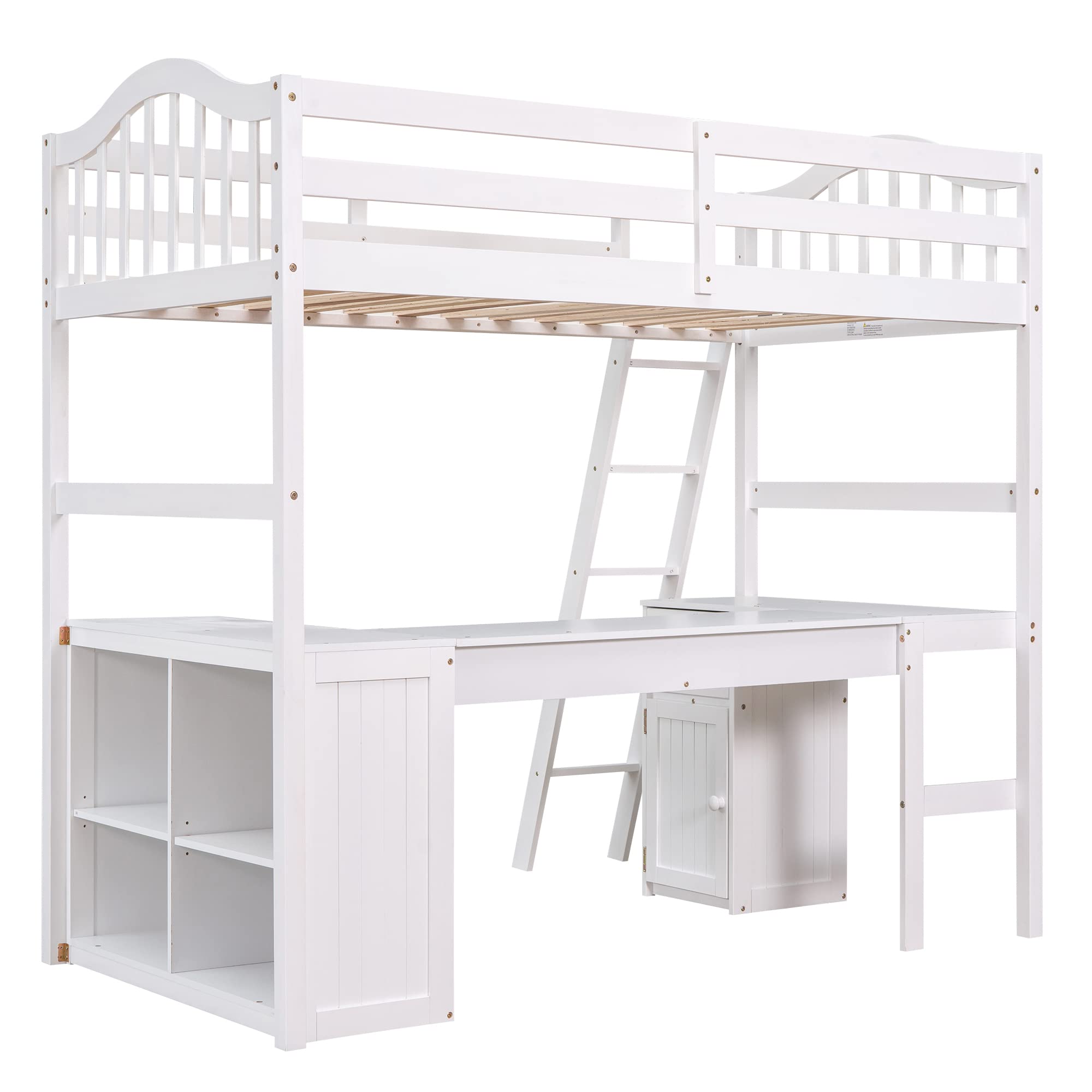 Harper & Bright Designs White Wood Twin Size Loft Bed with Drawers, Cabinet, Shelves & Desk - No Box Spring Needed - Space-Saving Kids Bedroom Furniture for Small Rooms & Dorm Living
