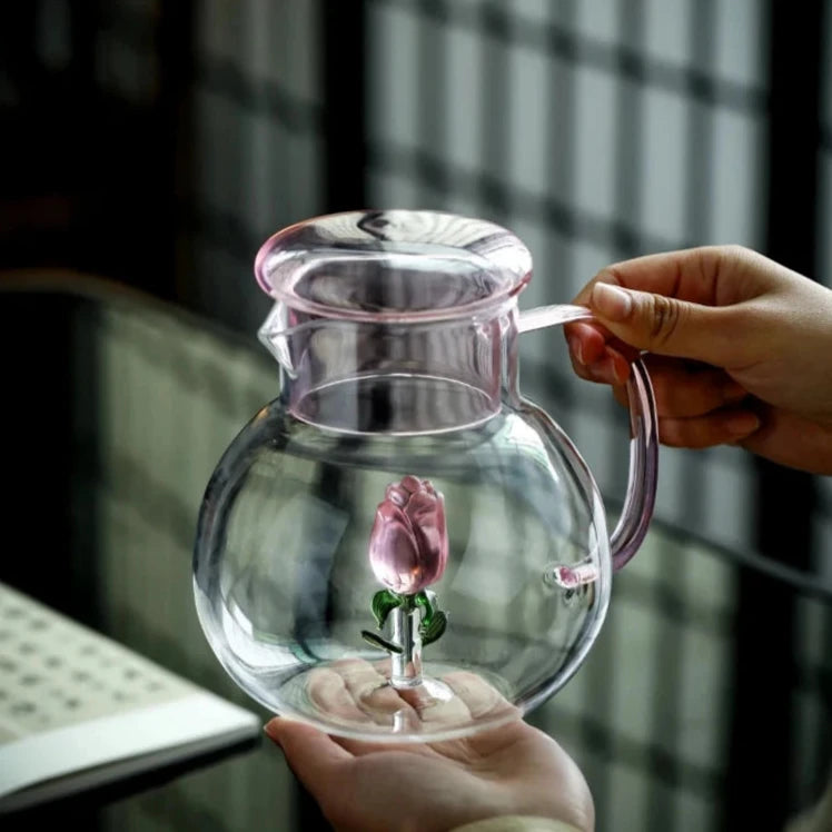 Premium Blossom Glass Teapot and Cup Set - 18oz Borosilicate Glass Tea Set with Stainless Steel Infuser - Perfect for Loose Leaf Tea, Herbal Tea, and Iced Tea Brewing at Home or Office