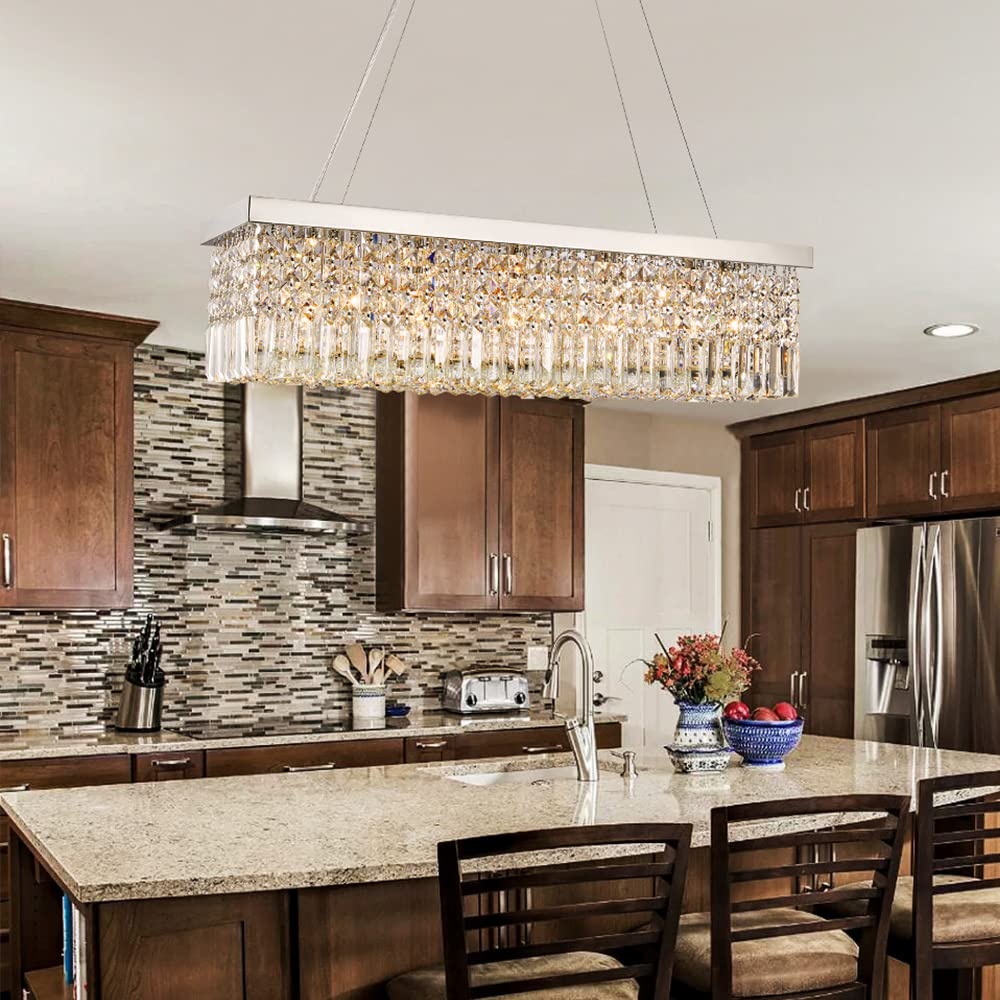 Saint Mossi 5-Lights K9 Crystal Chandelier - Modern Rectangular Pendant Light Fixture for Dining Room & Kitchen Island - Adjustable Chain Raindrop Flush Mount Ceiling Light (H9 x W10 x L31) - Perfect for Elegant Home Decor, Wedding Venues & Restaurant Lighting