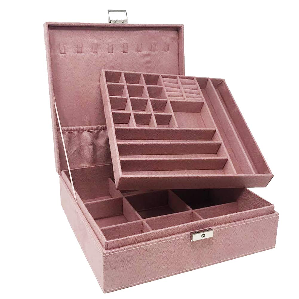 Magik Two-Layer Velvet Jewelry Box Organizer with Lock - Extra Large (10.23''x10.23''x3.15'') Pink - Perfect for Necklace, Ring & Earring Storage | Great for Travel, Gift & Home Decor