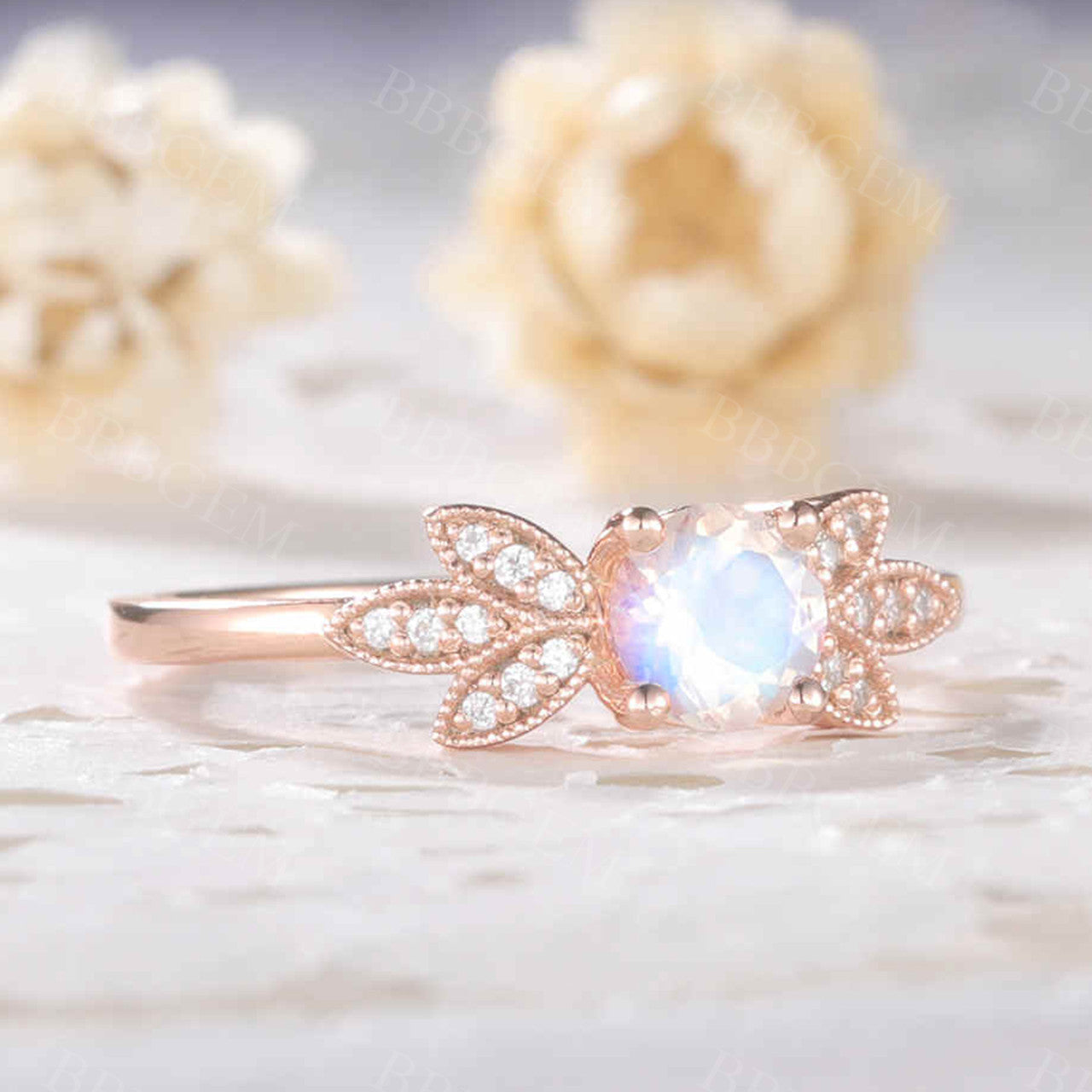 Rainbow Moonstone Diamond Engagement Ring in Rose Gold – Unique Bridal Jewelry for Women | Perfect for Proposals, Weddings & Anniversary Gifts