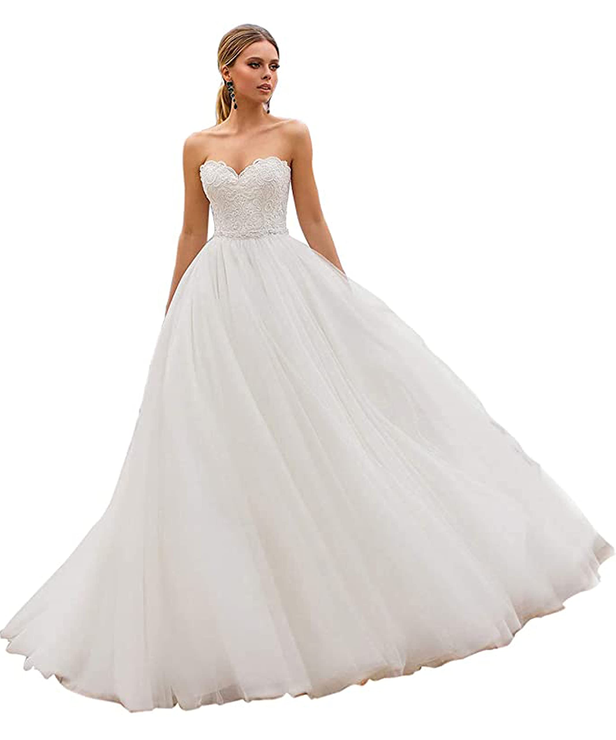 Elegant A-Line Lace Wedding Dress with Long Tulle Train - Off Shoulder Strapless Bridal Gown for Bride | Perfect for Beach, Church, and Formal Wedding Ceremonies