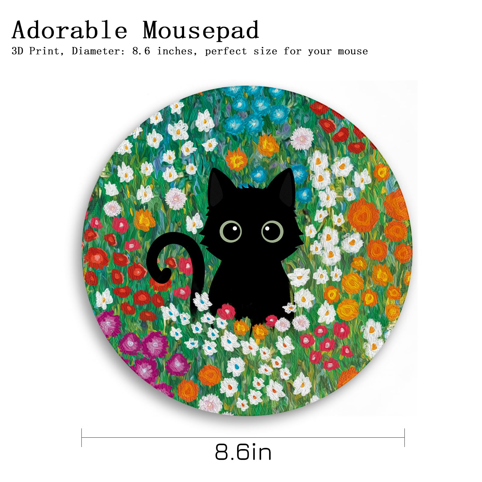 Gctriki Anime Black Cat Mouse Pad 8.6 x 8.6 Inch - Cute Round Gaming Mousepad with Non-Slip Rubber Base & Stitched Edge - Perfect for PC, Laptop, Home Office & Gaming Setup - Adorable Cat Flower Design Desk Accessory for Anime Fans