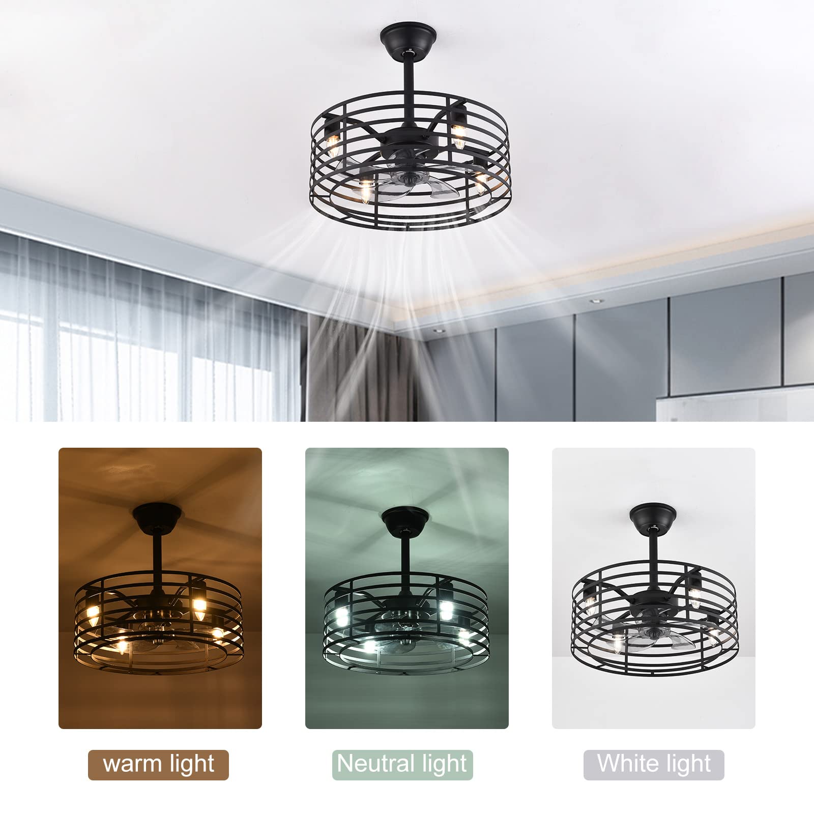 20 Inch Farmhouse Ceiling Fan with Remote Control - Industrial Metal Cage Light Fixture, Rustic Style Indoor/Outdoor Ceiling Fan with LED Lights - Perfect for Living Room, Bedroom, Patio & Porch