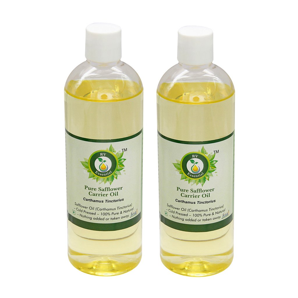 R V Essential Pure Safflower Carrier Oil (100ml x 2) - 100% Natural Cold Pressed Carthamus Tinctorius Oil for Skin Care, Massage & Aromatherapy