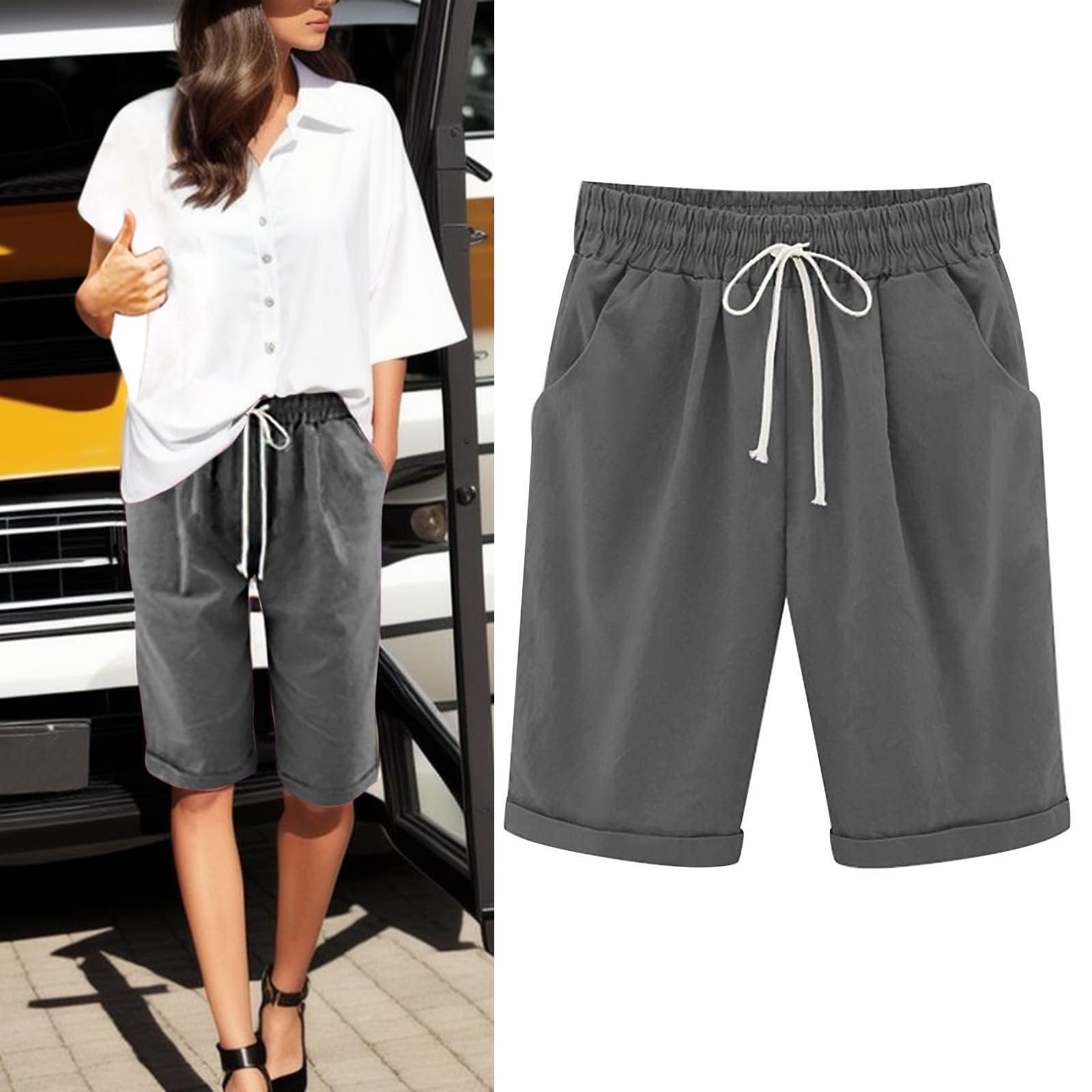 Women's Bermuda Linen Shorts - High Waisted & Stretchy for Sports & Casual