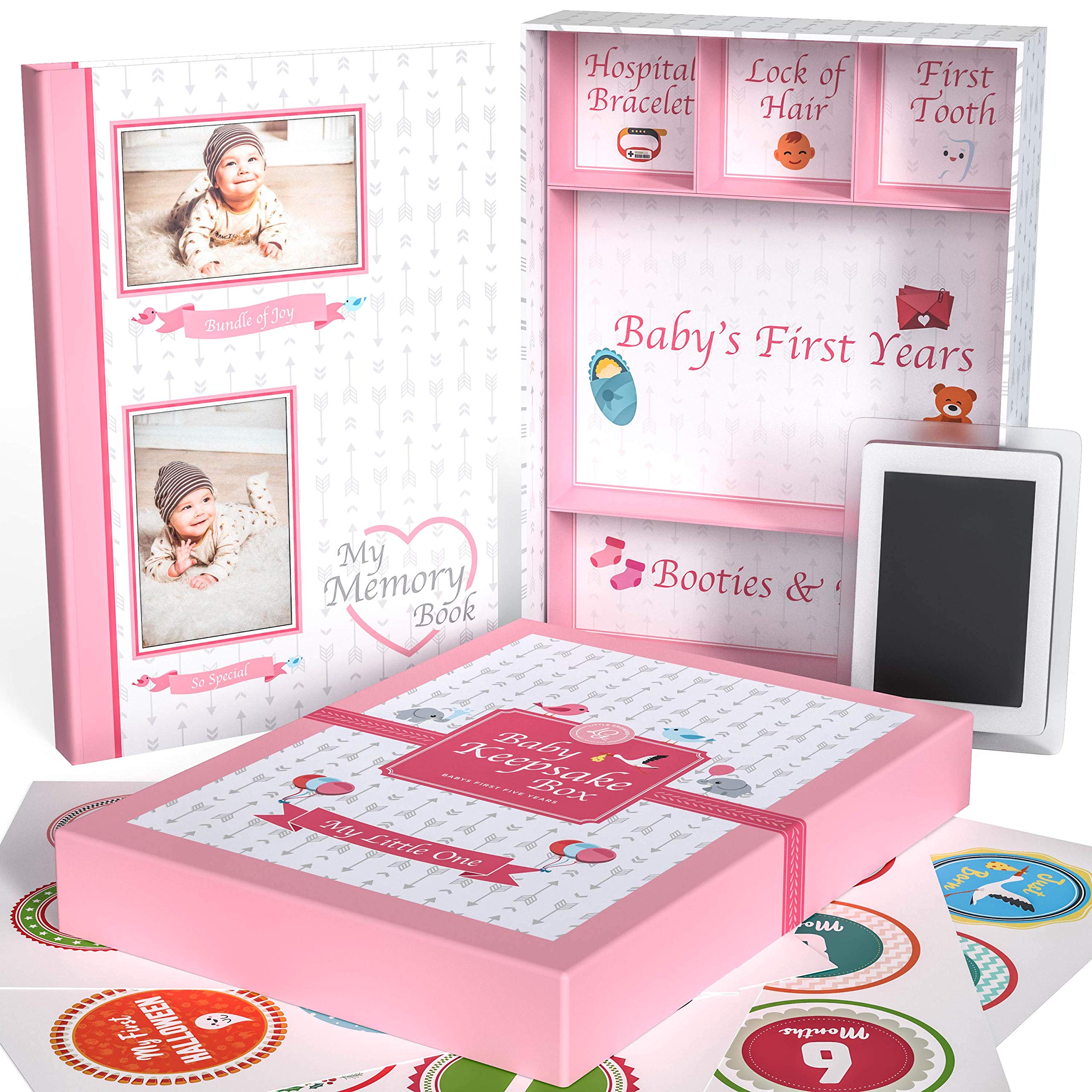 Little Growers Baby Memory Book with Keepsake Box - First 5 Years Baby Scrapbook & Photo Album | Includes Milestone Stickers & Footprint Kit | Perfect Baby Shower Gift for Newborn Girls | Capture Precious Moments from Birth to Toddler Years