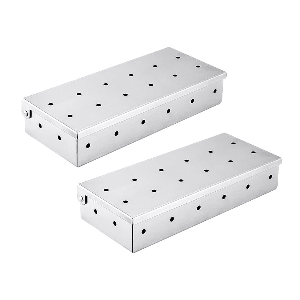 Stainless Steel Smoker Box for BBQ Grill – 2-Piece Set with Wood Chips for Gas & Charcoal Grills – Perfect for Outdoor Cooking, Backyard Parties & Meat Smoking Gifts