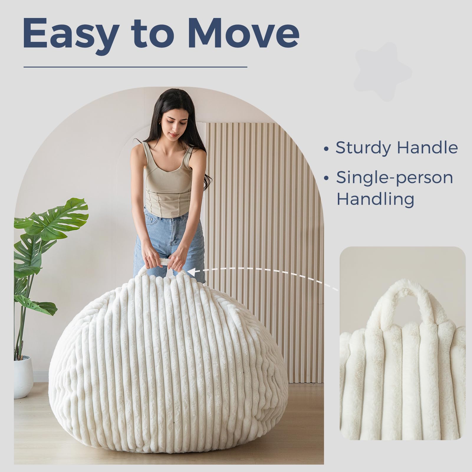 MAXYOYO 3ft Striped Faux Fur Bean Bag Chair for Adults - Soft Lazy Sofa for Living Room, Bedroom, Dorm - Beige Comfortable Seating for Relaxing, Reading & Gaming