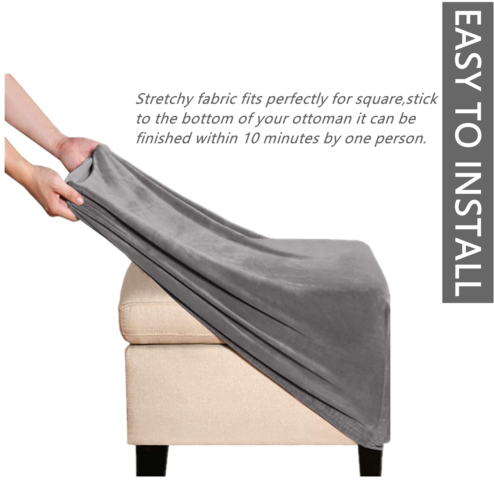 Stretch Velvet Ottoman Slipcover - Square Footstool Cover with Elastic Bottom for Folding Storage Ottoman, Grey - Perfect for Living Room, Bedroom & Home Decor