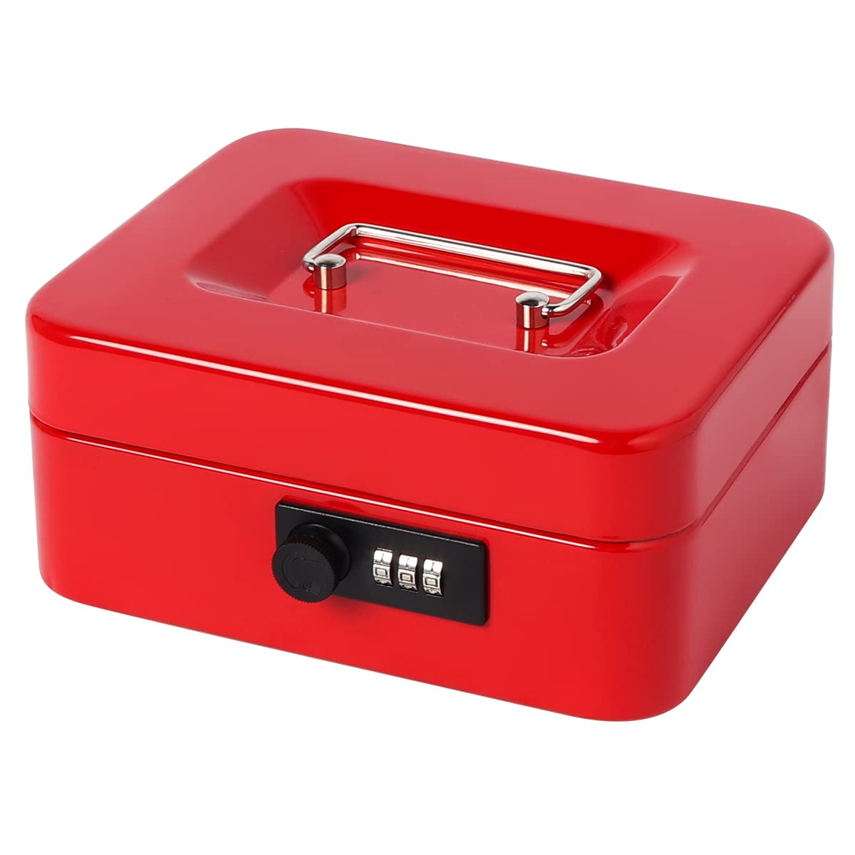 Lovndi Small Metal Cash Box with Combination Lock - 7.87 x 6.3 x 3.54 Inch Money Storage Box with Removable Tray, Secure Cash Holder for Home, Office, or Retail Use (Red)