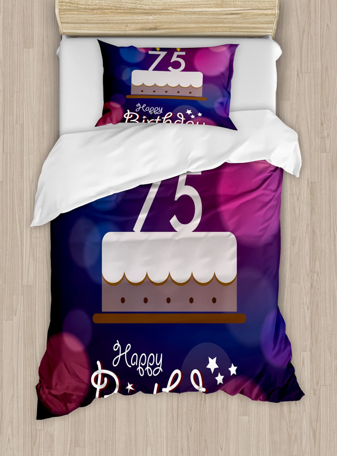 Ambesonne 75th Birthday Duvet Cover Set - Abstract Cake & Candles Design, 2-Pack California King Size Bedding with 4 Pillowcases, Purple Magenta White - Perfect for Birthday Party Decorations, Guest Room Makeovers & Special Occasion Gifts