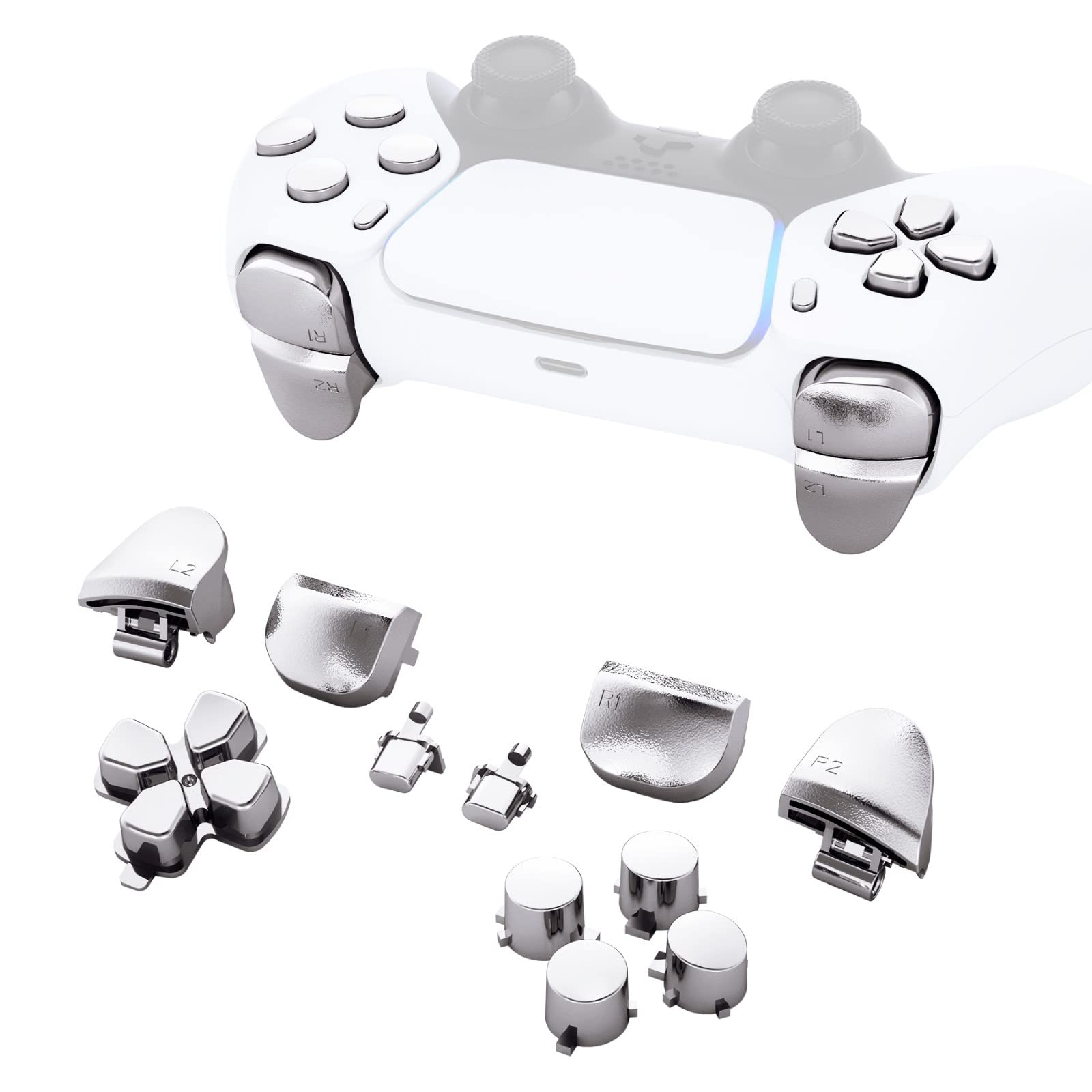 eXtremeRate PS5 Controller Buttons Replacement Set for BDM-010/020 Models - Glossy D-Pad, Action Buttons, L1 R1 L2 R2 Triggers, Bumpers & Share Button in Chrome Silver | Premium Gaming Accessories for Enhanced PS5 Controller Performance