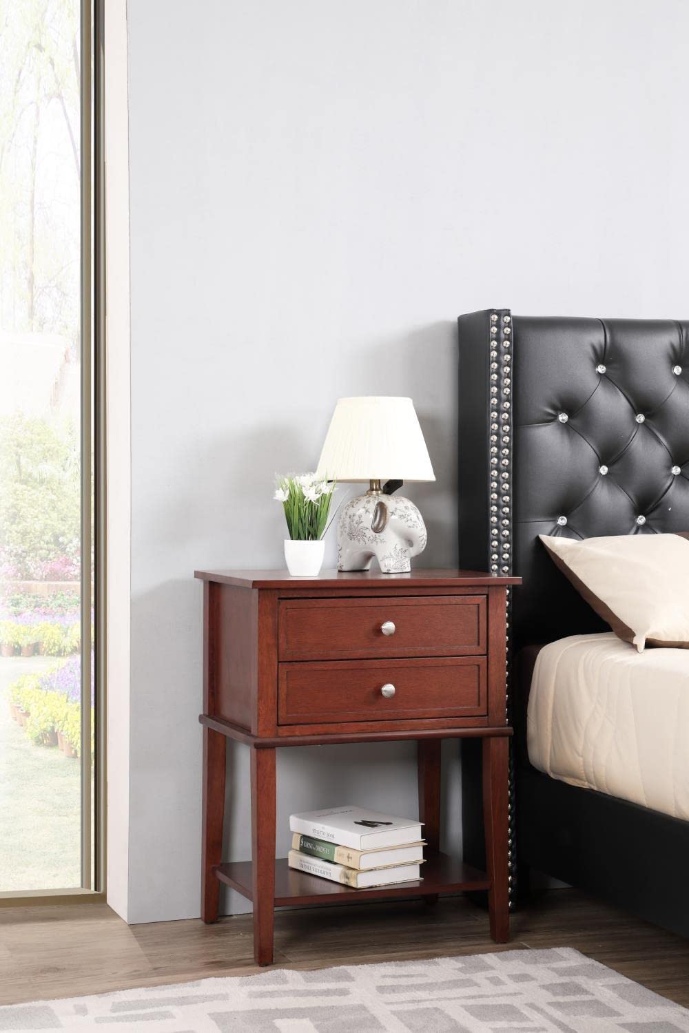 Newton 2-Drawer Cherry Wood Nightstand with Storage, Modern Bedside Table for Bedroom - Perfect for Small Spaces & Apartment Living