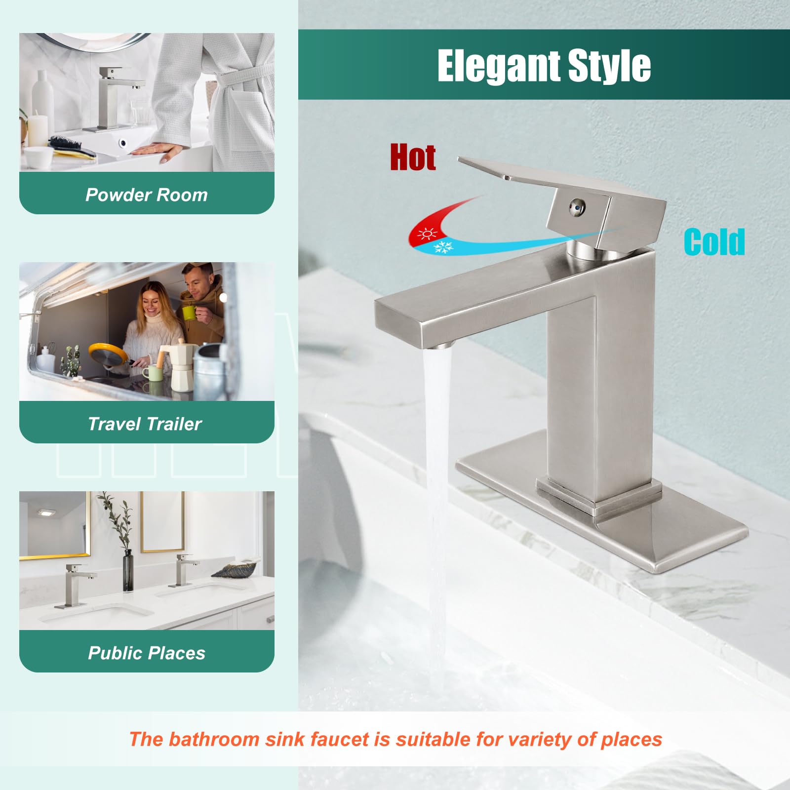 Premium SUS304 Stainless Steel Single Handle Bathroom Sink Faucet - 1 Hole Deck Mount Basin Mixer Tap with Drain - Brushed Nickel Finish for Vanity & Lavatory - Perfect for Modern Bathrooms & Powder Rooms