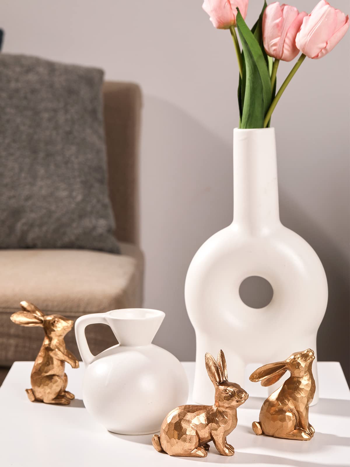 Golden Bunny Figurines Set of 3 - Easter Decor for Spring Tabletop & Home Display