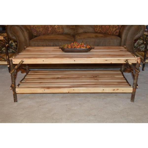 Solid Hickory Wood Coffee Table with Storage Shelf - Rustic Farmhouse Living Room Furniture for Home Decor & Entertainment Areas