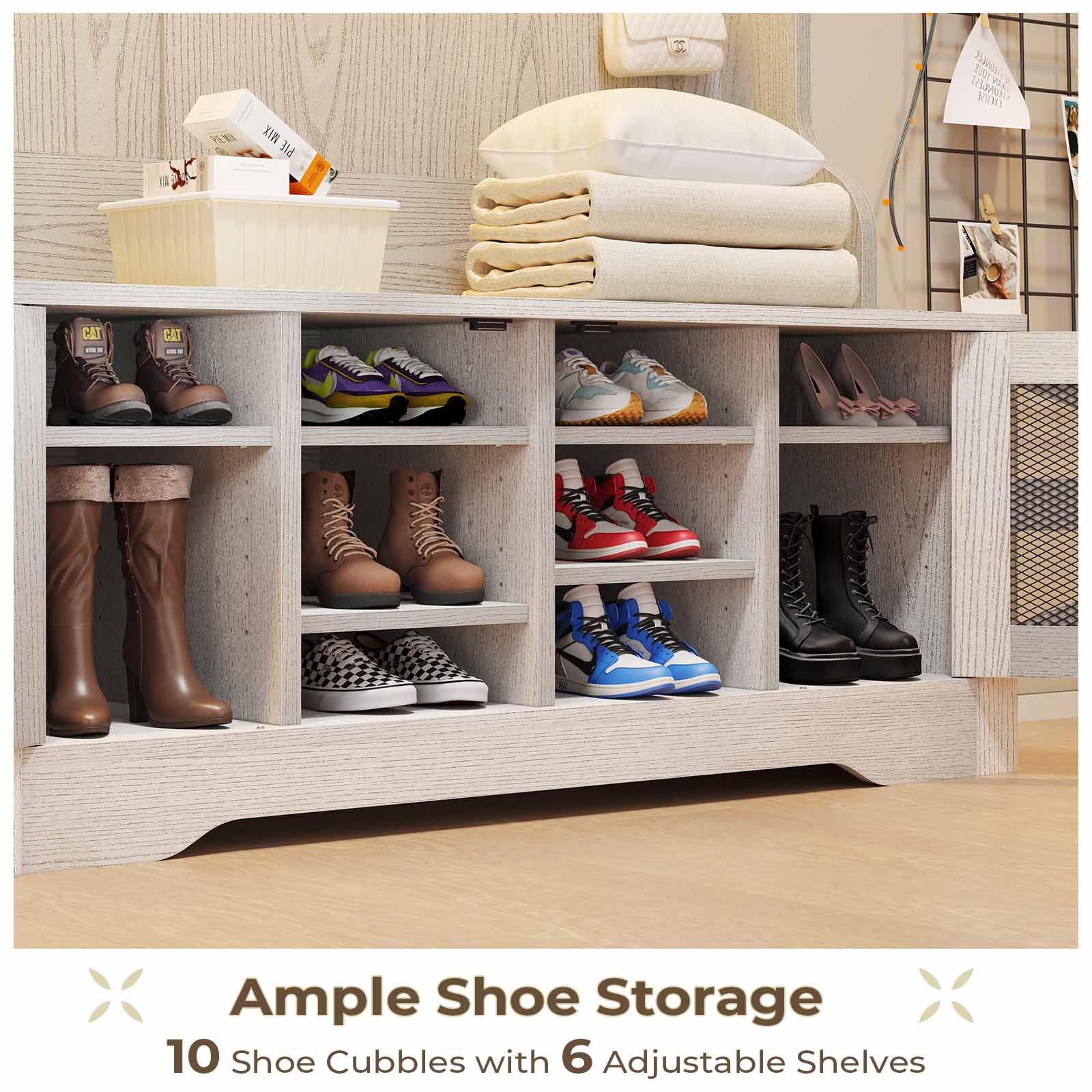 Itaar 5-in-1 Hall Tree Entryway Bench with Shoe Storage, Coat Rack & Adjustable Shelf - 10 Shoe Cubbies, 9 Coat Hooks & Barn Door Design (Embossed White) - Perfect for Mudroom, Foyer & Small Space Organization
