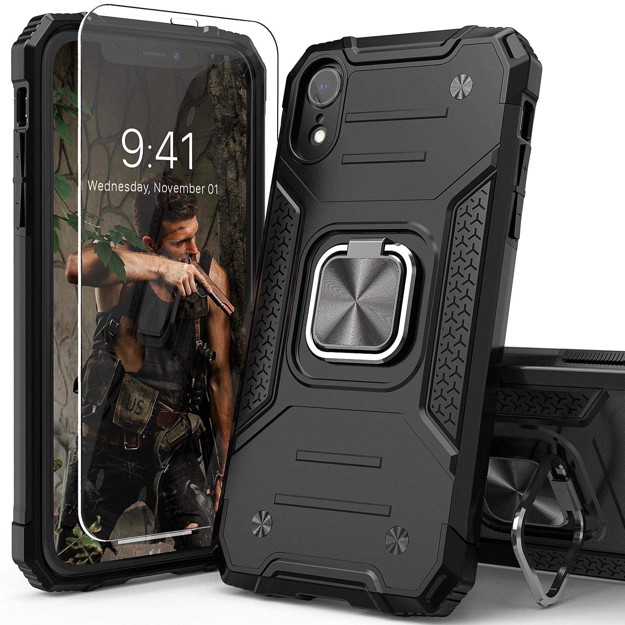 **Shockproof iPhone XR Case with Built-in Screen Protector - Heavy Duty Drop Tested, Lightweight Protective Cover with Kickstand & Car Mount - Perfect for Outdoor, Travel & Daily Use (Black)**