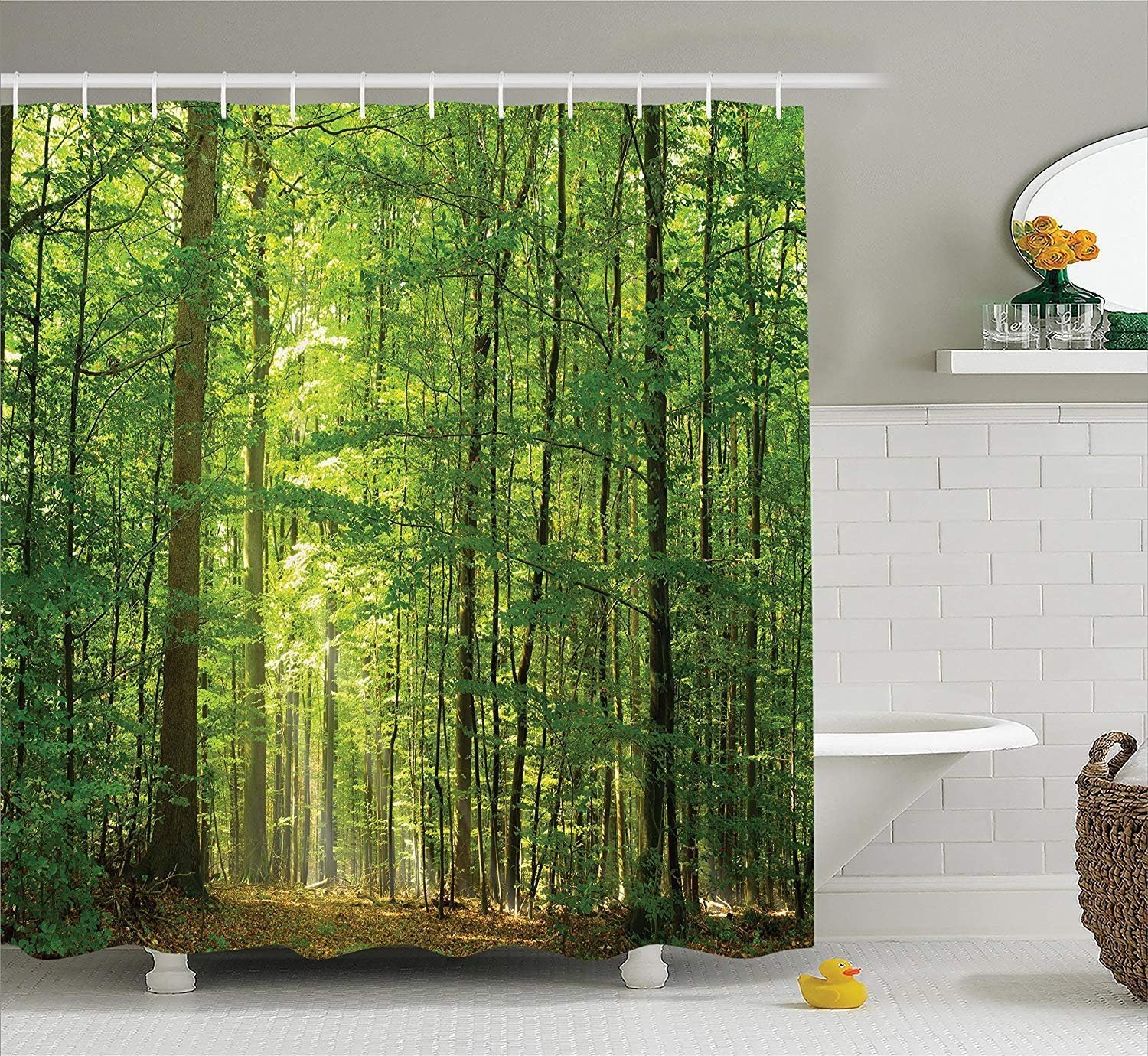 SRJ2018 Woodland Decor Shower Curtain Set - Deciduous Forest Summer Foliage with Sunlight | Romantic Holiday Scenic Bathroom Accessories 180x180cm (71x71 inches) Green & Yellow | Perfect for Nature-Themed Bathrooms, Cabin Retreats & Boho Home Decor