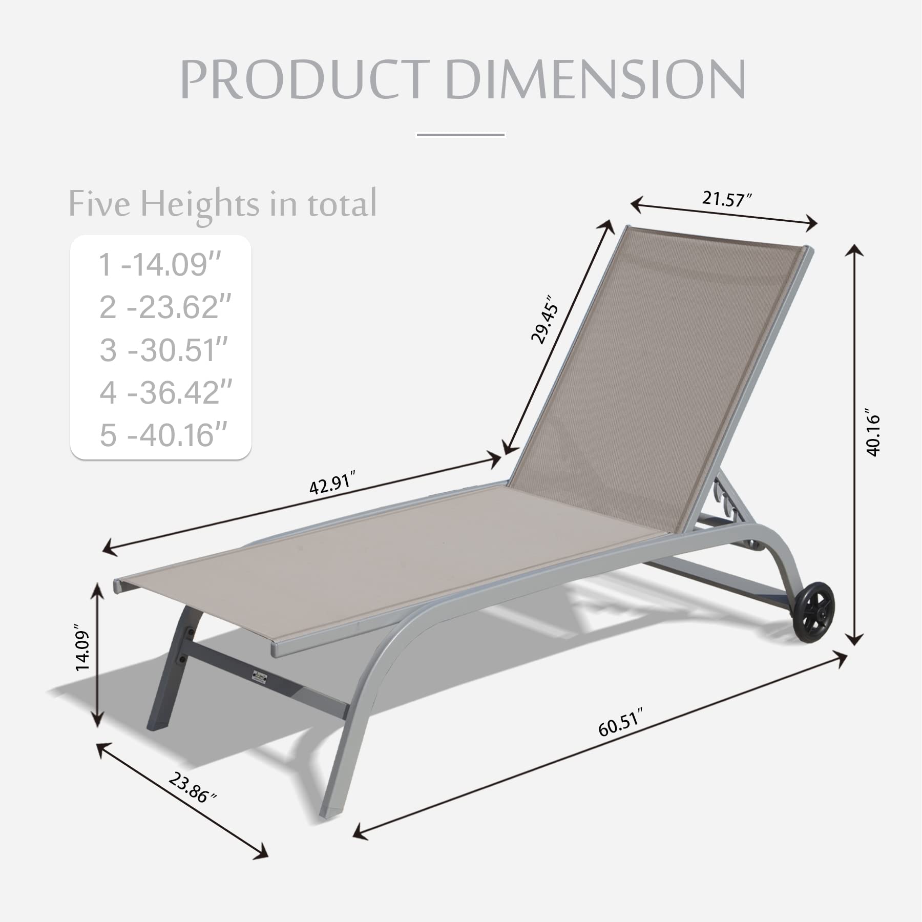 Domi Outdoor Chaise Lounge Set of 2 - Adjustable Poolside Lounge Chairs with Wheels for Patio, Beach, Yard & Deck - 5-Position Reclining Khaki Sunbathing Chairs - Perfect for Relaxing by the Pool, Coastal Getaways or Backyard Lounging