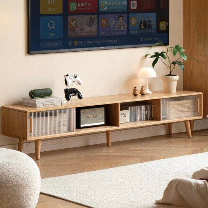 Solid Oak Wood TV Stand with Glass Sliding Doors - Rustic Rubber Wood Entertainment Center for Living Room, Bedroom & Home Theater