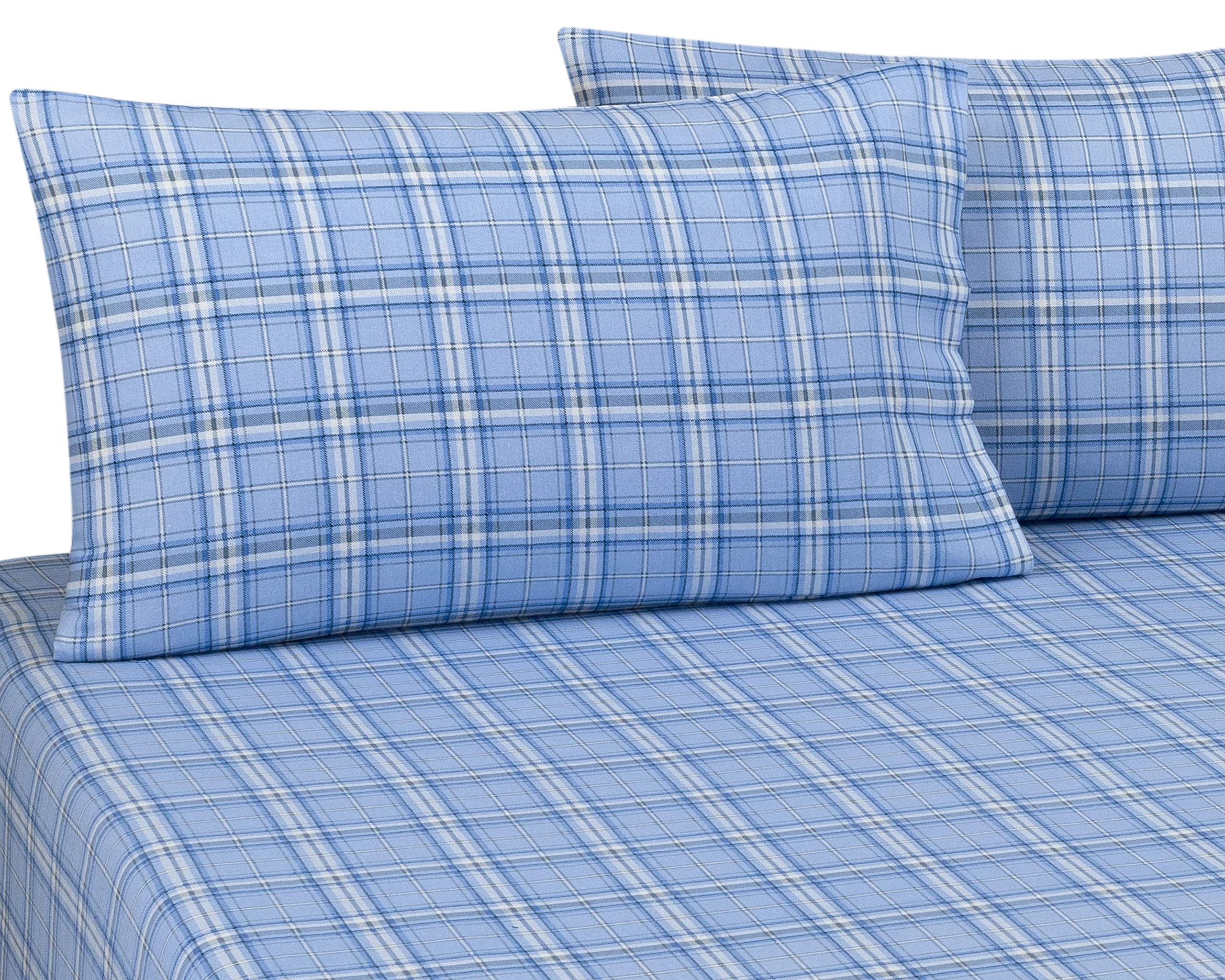 Premium 100% Cotton Flannel Pillowcase Set - King Size 20x40 Inches (2 Pack) - Soft & Cozy Blue Plaid Bedding for Winter - Perfect for Cold Nights & Cozy Bedroom Decor