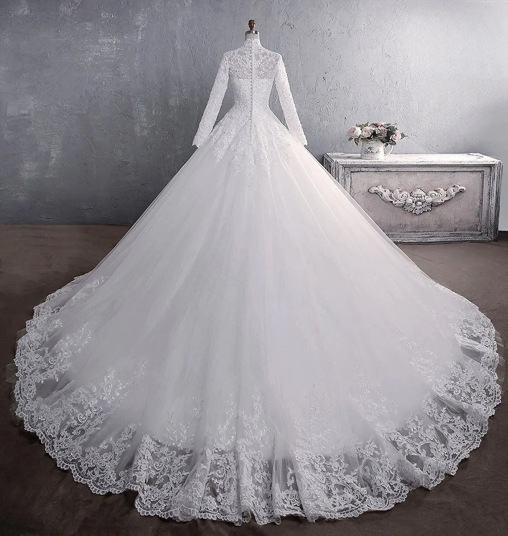 Elegant Plus Size Long Sleeve High Neck Ball Gown Wedding Dress with Zipper Back - Perfect for Bridal Ceremonies, Formal Events & Evening Galas