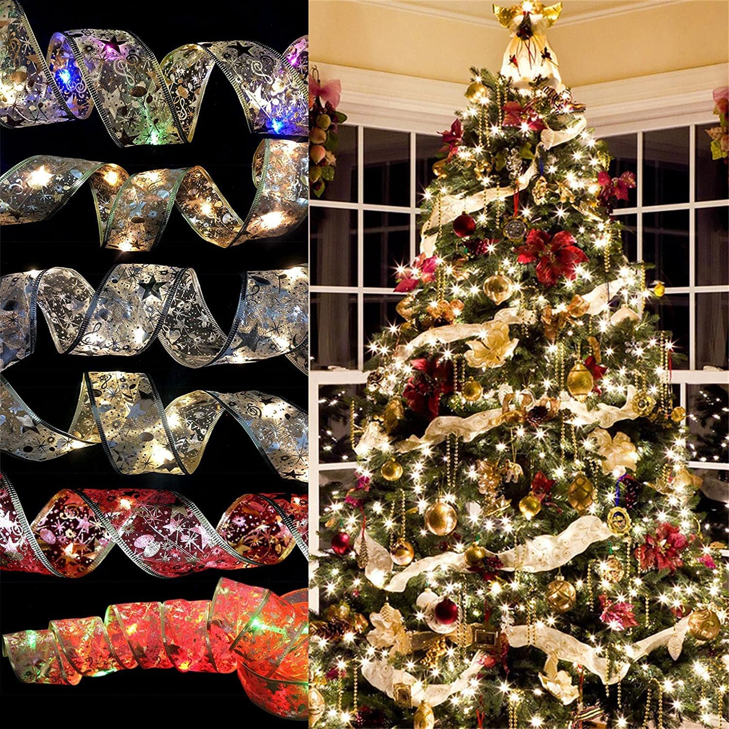 Christmas LED Ribbon Lights - Battery Operated Fairy String Lights for Christmas Tree Decorations, DIY Lace Bow Party Lights in Warm White (Silver Ribbon) - Perfect for Holiday Home Decor, Wedding, Birthday & Festival Celebrations